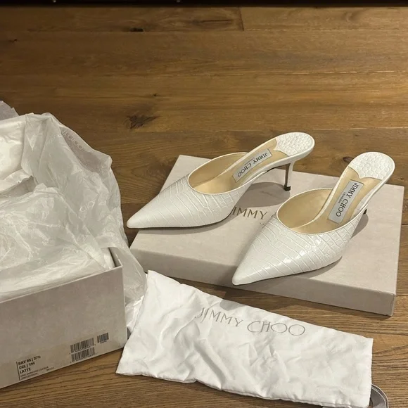Jimmy Choo White Croc-Patterned Mules - Picture 2 of 12